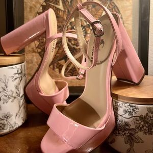 Light pink platform chunky ankle strap heels